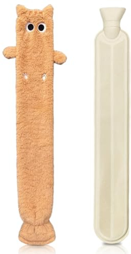 Wärmflasche Katzen Lang Mit Weichem Bezug 2l,Wärmflasche Tier Mit Bezug,Extra Lange Nackenwärmflasch,Abnehmbare Und Waschbare Für Kinder,75cm,Premium Wärmflaschenbezug,Geschenk (Orange)