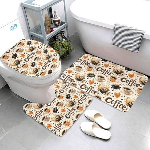 Nevjipu Set di 3 tappeti da bagno assorbenti e antiscivolo, lavabili, a forma di U, tappetino per il contorno del WC, tappetino per doccia, tappetino da bagno per WC e vasca da bagno