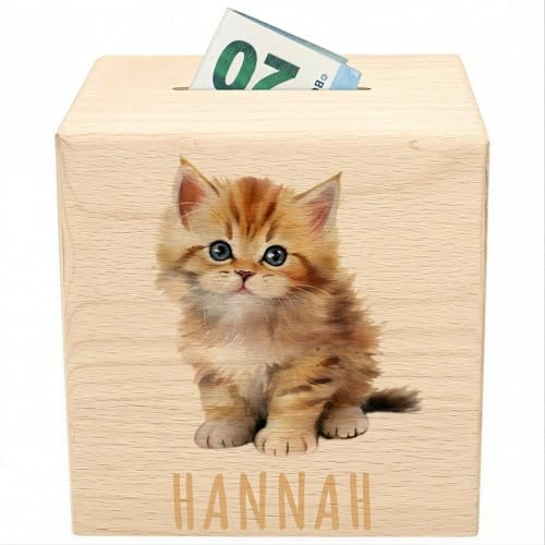 Katze Spardose für Kinder personalisiert Sparbox aus Holz Sparschwein mit Schlüssel Taufgeschenk für Jungen Mädchen Holzspardose