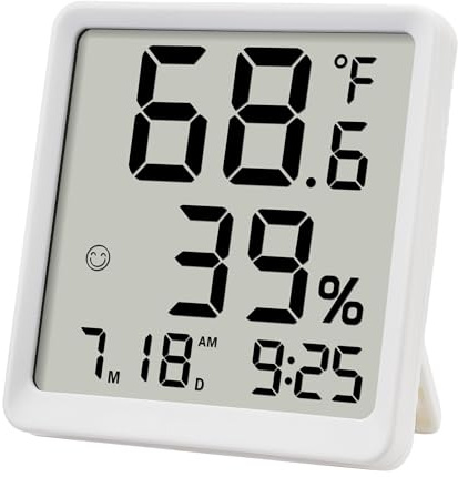 Higrómetro y Termómetro de Interior para el Hogar, Medidor Digital de Temperatura y Humedad con Indicador de Confort, Reloj Digital, Calendario, Termómetro y Higrómetro de Sobremesa (Blanco)