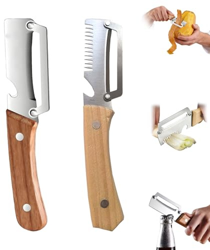 Pelador Multifuncional De Verduras Con Mango Madera, Pelador Para Patatas Y Hortalizas, Corte Juliana, Escamador Y Abrebotellas, Utensilio Cocina Ergonómico Para Hogar Y Exterior, 2Pc (C)