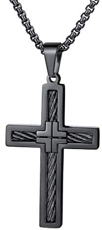 FaithHeart Collier Homme Croix Chrétienne Noir, Pendentif Croix Homme avec Chaine Noir en Acier de 55+5cm, Bijou Religieux