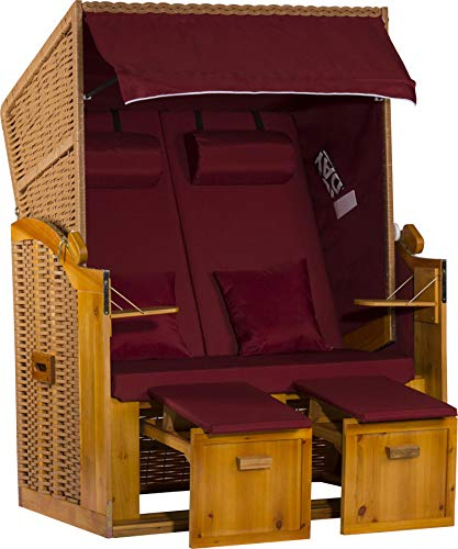 Webavita Strandkorb Ostsee | 2-Sitzer Volllieger Bausatz | Geflecht: Natur, Bezug: Uni Rot | Beach Chair für Garten Terrasse Balkon