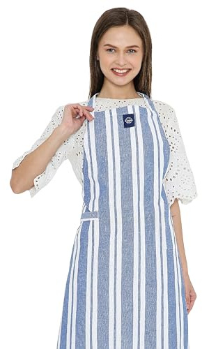 Encasa XO Kochschürze aus Baumwolle für Damen und Herren, Küchenschürze mit verstellbarem Nackenband, Tasche und Handtuchhalter, Kochen, Backen, Grillen, Franca Blue Stripes, 68x85 cm