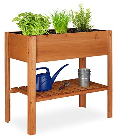 Relaxdays Hochbeet Holz, Ablagefach, Pflanzkasten Balkon, Terrasse, Garten, Kräuterbeet, HBT 80 x 88 x 43,5cm, hellbraun
