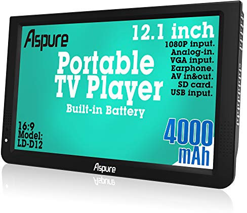 aspure 12 Inch HD Portable Digital DVB-T2 TFT HD Screen Freeview LED TV for Car,Caravan,Camping,Outdoor,Kitchen.Built in 4000mAh Battery Television/Monitor with Multimedia Player FM function USB card