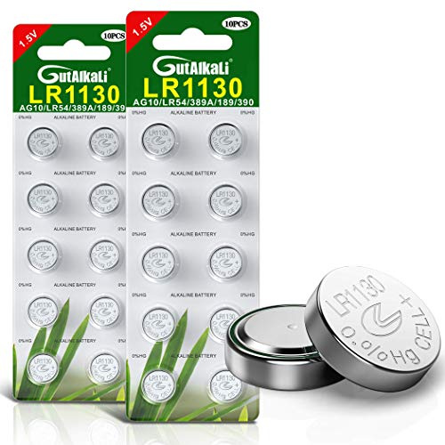 GutAlkaLi Lot de 20 piles LR1130 AG10 1,5 V pour montres, appareils auditifs, glucomètre, porte-clés et petits appareils électroniques – La chimie à l'oxyde d'argent fournit une tension stable et une