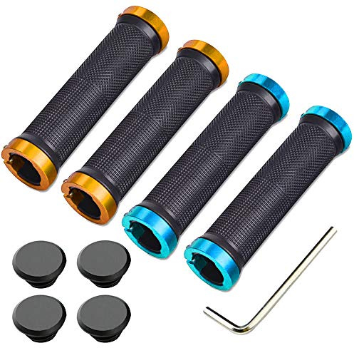 Aiqeer 2 Pares Puños Bicicleta Montaña, Puños Manillar Goma Antideslizante Ergonomicos, Puños Manillar Bici Doble Bloqueo, Empuñadura BMX, Puños MTB, para Mango con Diámetro 22 mm (Dorado + Azul)