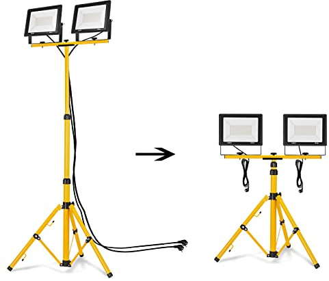 NAIZY LED Projecteur de Chantier sur Trépied Lampe de Travail 8500LM LED Floodlight avec Câble 3M Étanche IP66 pour l'intérieur et l'extérieur Chantier de Construction Garage (2 * 100W Blanc Chaud)
