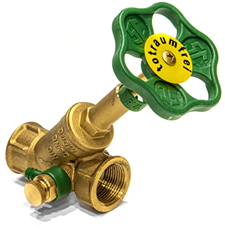 KFR Ventil 1/2 Zoll – Messing Schrägsitz-/Freistromventil mit Entleerung & Prüfschraube – steigende Spindel – DVGW-geprüft für Trinkwasser, Heizung & Hausinstallation