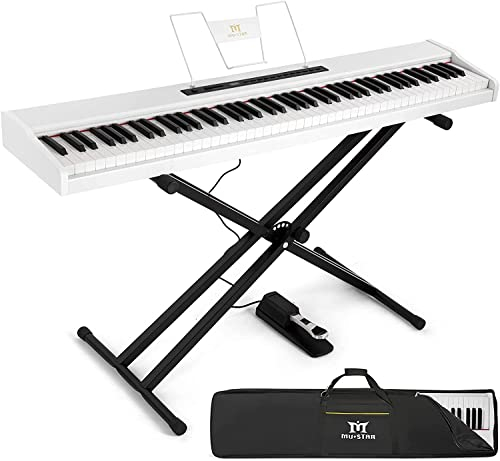 MUSTAR E Piano Digital 88 Tasten, Keyboard mit halbgewichteten & Bluetooth, Portable Set mit Sustain Pedal, Keyboardständer und Tragetasche, Weiß