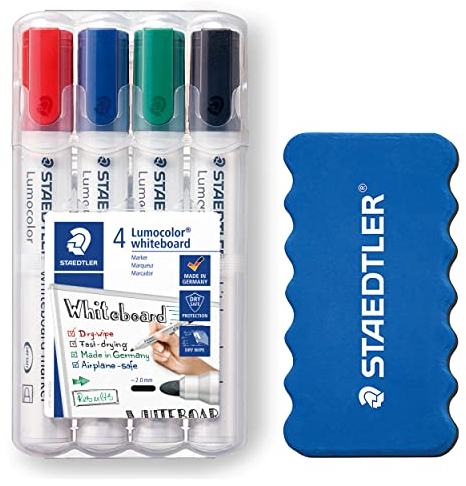 STAEDTLER Whiteboard Marker Lumocolor, ca. 2 mm Linienbreite, trocken und rückstandsfrei abwischbar von Whiteboards, hohe Qualität, Set mit 4 Markern inklusive Schwamm, 351 WP4P1X