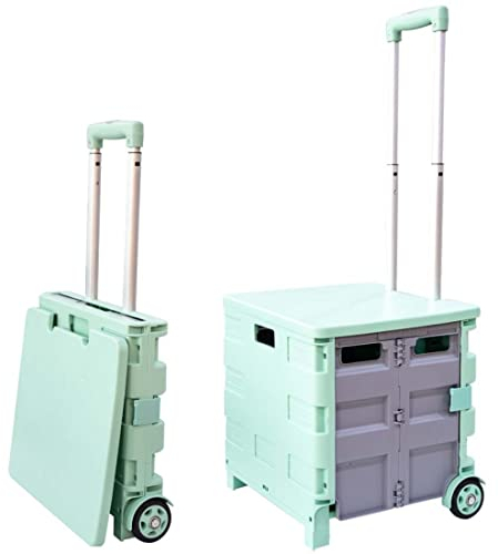 25kg Folding Shopping Trolley Storage Boot Cart Box | Collapsible Trolley with Lid | Portable Cart with Telescopic Handle | Multipurpose Utility Cart for Laundry, Sports, Crafts (Blue and Grey)