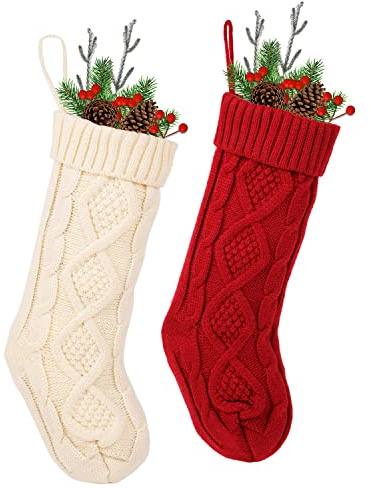 LOAVER Knitted Christmas Stockings Gift Socks, 46cm Large Red& White Stocking for Xmas Gift Filling Home Decoration