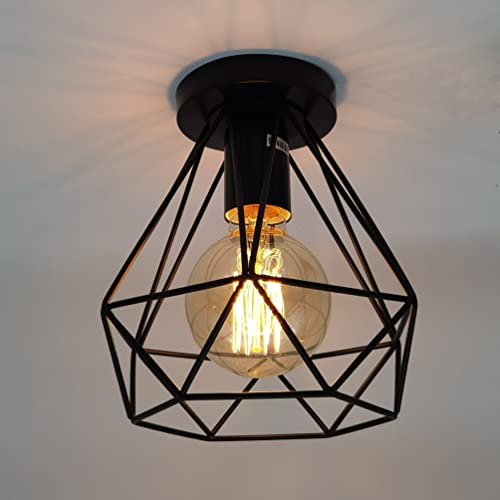 ktjes Vintage Flush Mount Light, Black Hallway & Stairway Lights - Industrial Metal Retro Cage Pendant, Suitable for Bedroom, Kitchen, Living Room - E27 Bulb