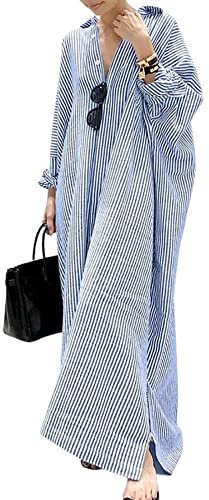 utcoco Abito da Donna a Maniche Lunghe a Righe Casual Allentato con Bottoni in Cotone Maxi, Blu, S