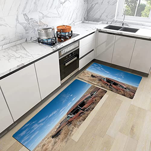 2 Pcs Tapis de Cuisine et Tapis antidérapants,Voitures, rouillées Automobile au Moyen du Nouveau-Mexique Buissons Ghost Town Thème, Support en Caoutchouc Paillasson Tapis en Microfibre 45x70+45x120 cm