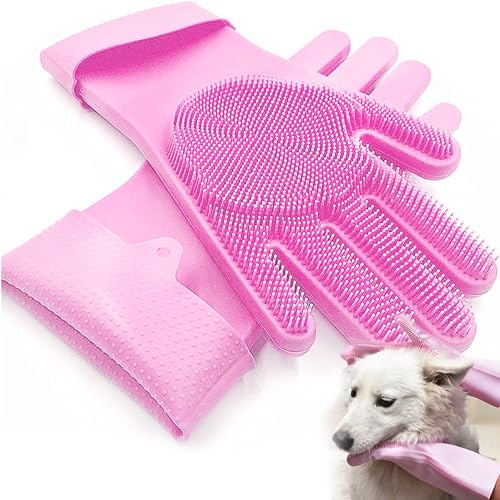 XFLYP Haustier Grooming Handschuhe, Pflegehandschuhe Katzen aus Silikagel Handschuh Bürste Katze, Aufhängbares Design, Baden und Massieren für Hunde und Katzen (Rosa)