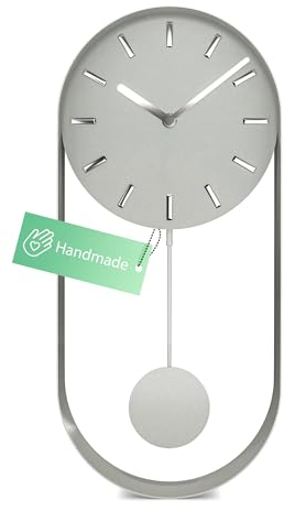 Moderno orologio da parete a pendolo grande senza ticchettio, realizzato a mano in metallo, movimento al quarzo, 35 x 16 cm, colore argento grigio