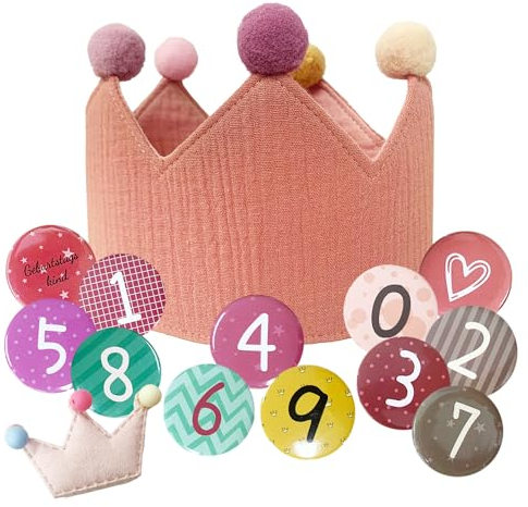 MAXQUU 1 cappello a corona di compleanno con numero da 0 a 9, una forcina, mussola in tessuto, cappello per feste di compleanno per ragazzi e ragazze, decorazioni per feste di bambini (rosa)
