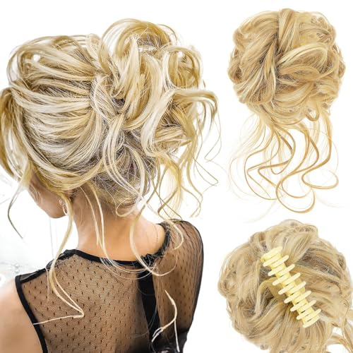 Haarteil Mit Gummiband,Groß Dutt Haarteil Gelockt Haargummi Haaren Hochsteckfrisuren Haarverlängerung Messy Bun Haarteile with Braids, Brautfrisuren Voluminös Gelockt Unordentlich Dutt, 45g, Blond