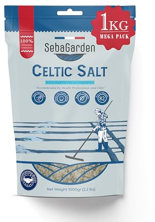 Seba Garden Keltisches Meersalz grau, 1 kg zertifizierter organischer wiederverschließbarer Beutel mit grauem Meersalz, handgeerntet, enthält über 82 essentielle Mineralien (1 kg, Original)