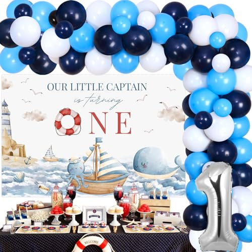 Sursurprise Nautische Dekoration für den ersten Geburtstag, unser kleiner Kapitän dreht einen Hintergrund, nautische Ballon-Girlande, Bogen-Set für Ozean, Segeln, 1. Geburtstag, Partyzubehör