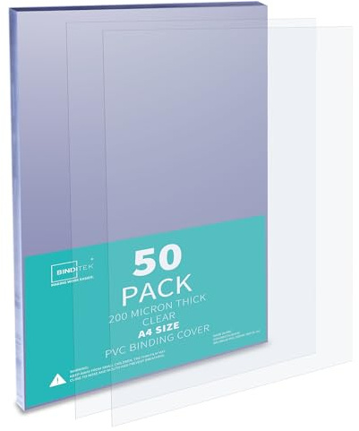 Binditek A4-Bindungshüllen, PVC, transparent, quadratische Ecken, ungelocht, Büro- und Schulbedarf, 200 Mikron, 50 Stück