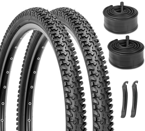 Hycline Mountain Bike Tires Set: 2-Pack 26x2.125/56-559 Folding Replacement Puncture-Resistant Bicycle Tires and Pair 26-inch Inner Tubes with Tire Levers Compatible with MTB Off-Road Bike