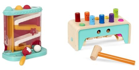 Battat – Pound & Roll Baby Activity Toy Station with 4 Balls & 1 Hammer for Kids 12 Months & Up – Wooden Pounding Bench with Pegs & Mallet, Multicolored
