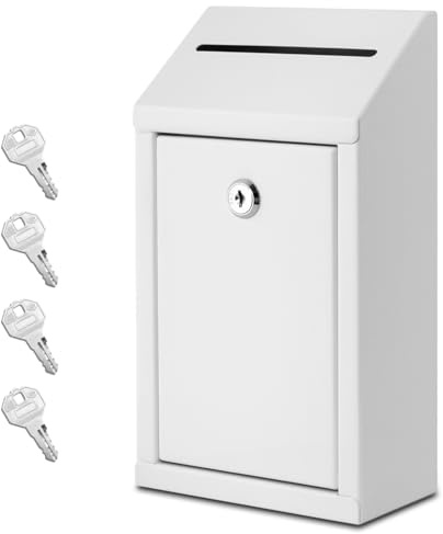 EIENHOSHI Metal Donation Box with Lock, Wall Mounted, Suggestion Box with 4 Iron Keys, White, Cash Drop Box with Slot, 1-Pack