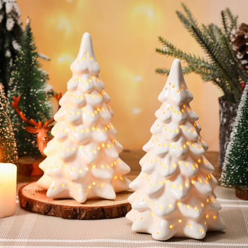 Civaner 2 Ceramic Christmas Trees Desktop White Ceramic Polka Dot Hollow Christmas Tree Decoration White Tree Can Light up Desktop Christmas Tree Statue, Modern Christmas Decor, Gifts(7.8 Inches)