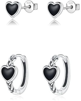 HinDaLi 2 par silverörhängen 925 för kvinnor flickor damer örhängen silver örhängen kreoler silver brosk örhängen damer kreoler hjärta örhängen svarta örhängen hjärta små örhängen kontakt, 5mm 10mm,