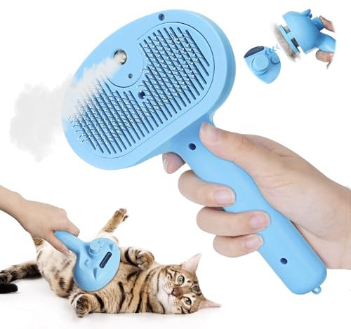 Sprühkamm für Katzen, Steamy Katzenbürste, Katzenbürste mit Auslöseknopf, Katzenbürste Kurzhaar, Haustier Hundebürste Katzenbürste, Multifunktionale Katzenspray-Massagekamm, Blau