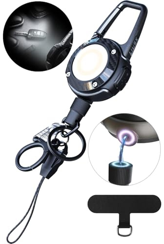LIUGX LED Magnetic Retractable Keychain Flashlight 250 Lumens，USB-C Rechargeable, with Phone Tether Tabs, Retractable Badge Reel with 20”Dyneema Cord, 35oz, Ideal Keychain for Phone, Key, Badge Holder