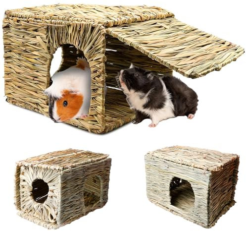 BORDEAG Großes Grashaus Für Meerschweinchen, Natürlich Getrocknetes Gras Heuhaus, Sehr Großes Grashaus Für Kaninchen, Faltbare Betthütte Mit Öffnungen Spielhaus Faltendes Strohhaus Für Kaninchen