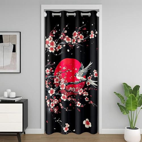 Loussiesd Vogel Türvorhang 86x203cm Japanischer Stil Vorhang Japanische Ukiyoe Vorhang Sonne Rot Blume Blumendruck Natürliche Landschaft Asiatischer Stil für Innentür Raumteiler