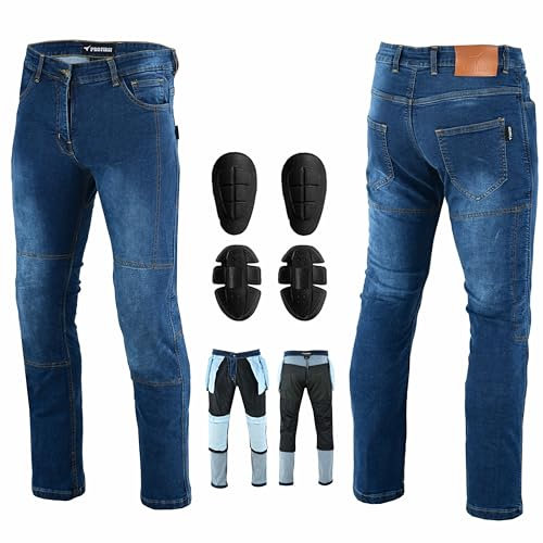 PROFIRST Motorcycle Kevlar Jeans CE Approved Motorbike Protective Pants Reinforced Denim Trousers Kevlar Lined Hip & Knee Removable Armored (UK, Waist & Inseam, 34, 32, Regular, Regular, Blue)