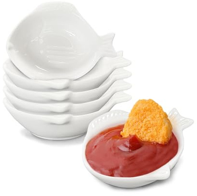 ULWSKY Juego de 6 platos de salsa con forma de pescado, cuencos de porcelana, plato de aperitivos, apto para lavavajillas, para ensalada de ketchup, wasabi, sushi, patatas fritas, carnes y verduras