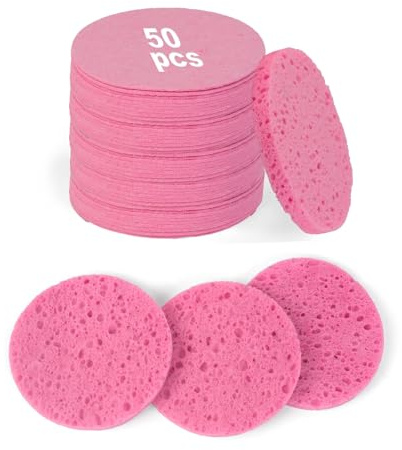 HUAXIN BIOTEKNOLOGY 50 st komprimerade ansiktssvampar, 100 % naturliga cellulosa kosmetiska ansiktssvampar, skönhetssvampar, skönhetssvampar för smink (rosa)
