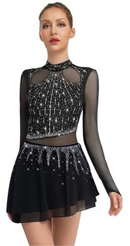 Yhong Damen Eiskunstlauf Kleid Langarm Kürkleid mit Strasssteine Mesh Spleiß Tanzkleider Glitzer Trikot mit Gefaltet Röckchen Wettbewerb Tanzkostüm