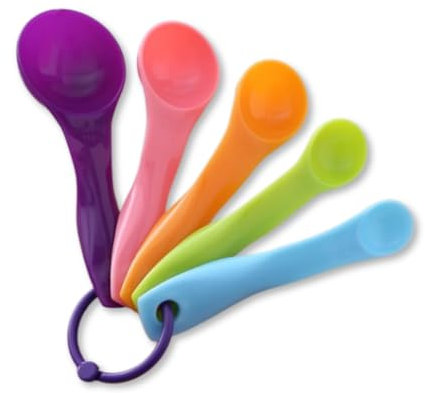 PARENCE.- Ensemble de 5 Cuillères Doseuses en Plastique Colorées – de 1 à 15 ml/g – Cuillères de Mesure Cuisine et Pâtisserie avec Anneau d’Accroche – Ustensile Dosage Précis)