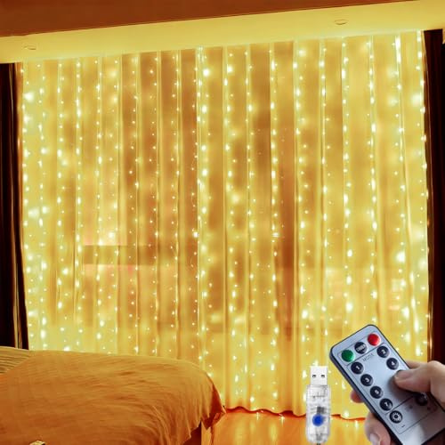 FZIFZI Tenda Luminosa Natale, 3X2.7M 300LED Luci di Natale da Esterno con 8 Modalità, IP65 Impermeabile Tenda Luminosa Esterno Interno con Telecomando & Timer per Matrimonio, Feste, Alimentato da USB