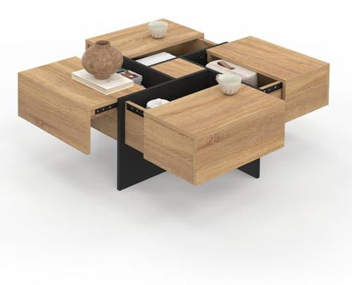 IDMarket - Mesa baja cuadrada Talia con cajones, madera y negro