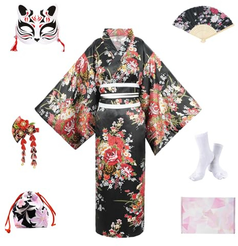 YOOCHUENG Kimono Donna Giapponese Taglia Unica (Adatto a EU 46-52) Abito con Cintura,Costume Carnevale Giapponese Donna,Geisha Cosplay Set, Confezione Regalo Inclusa