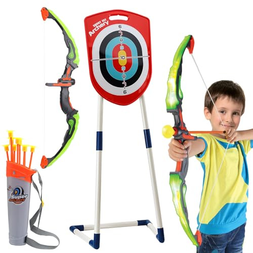 Erzekrim Pfeil und Bogen Kinder Kinderbogen mit LED-Bogenschießset Indoor/Outdoor Für Kinder 5-12 Jahre Spielzeug mit 1 Bogen, 10 Pfeilen, 1 Köchern & Zielscheibe Für Jungen Mädchen