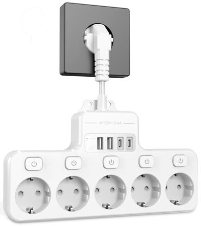 VIPWELL Multiprise Murale avec Interrupteur Multiprise avec USB C et USB A Chaque Prise commandée Individuellement 5 Prises avec câble d'extension 10CM pour Bureau à Domicile, Gaming, hôtel