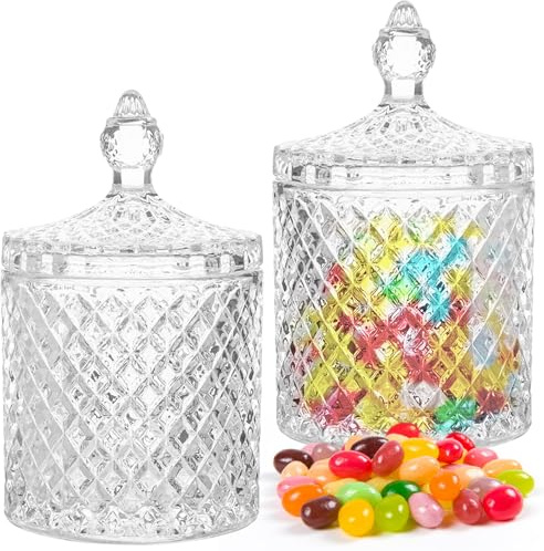 Fizleca 2-Piece Glass Jars with Lids, 300ml Crystal Sweet Jars, Diamond Faceted Storage Containers for Candy, Snacks, Candies, Glass Storage Jars for Home Decor, 3.27 x 5.5 in