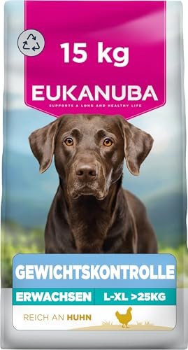 Eukanuba Weight Control hundmat med kyckling för stora raser, t.ex. som steriliserade/kastrerade hundar, fettsnål special care torrfoder för viktbevarande eller för diet vid övervikt, 15 kg