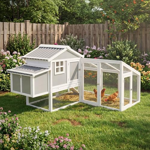 ECD Germany Hühnerstall mit Auslauf, Hühnerhaus Winterfest aus Massivholz, XXL 144 x 176 x 102,5 cm Wachtelstall mit Freilaufgehege, Großes Hühnergehege mit Nistkasten, Geflügelstall, Hühnervoliere